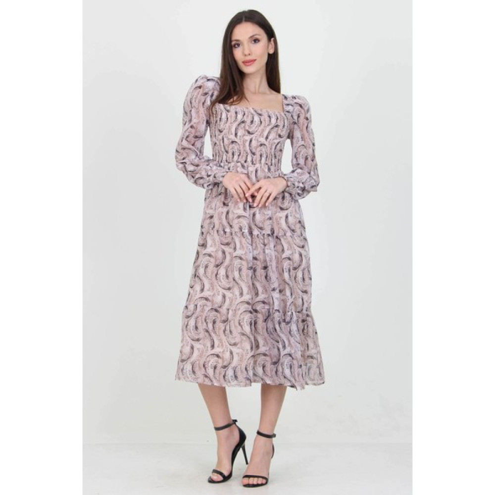 Neşeli Butik Kadın Bej Desenli Kare Yaka Gipeli Şifon Elbise NB100361 Elbise Fiyatı
