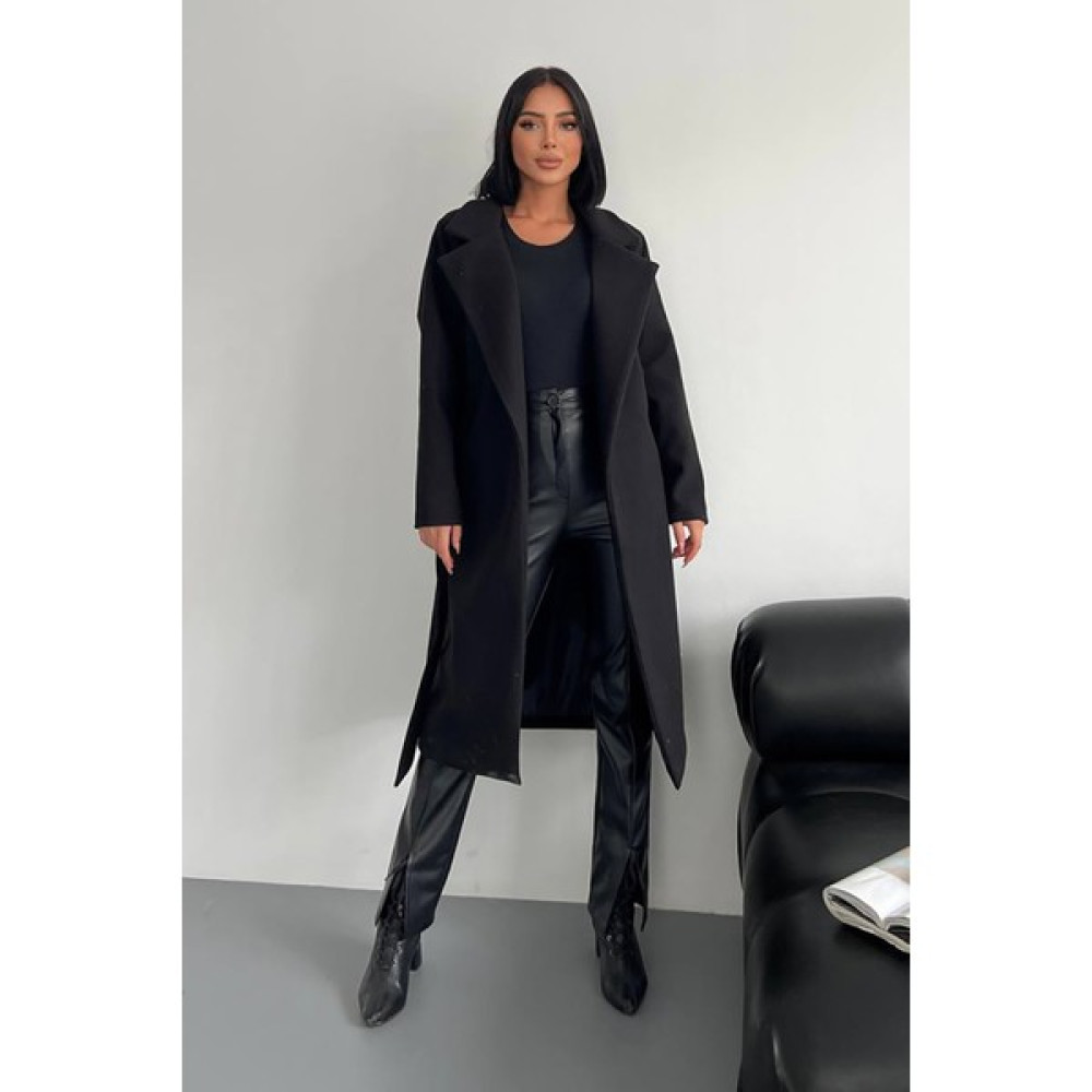 Neşeli Butik Kadın Bella Kuşaklı Kaşe Kaban GTS026 - Siyah Kadın Kaban Fiyatı