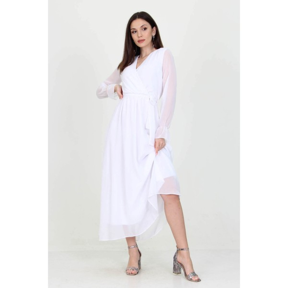 Neşeli Butik Kadın Beyaz Yeni Sezon Astarlı Kruvaze Yaka Uzun Şifon Elbise NB003 Elbise Fiyatı