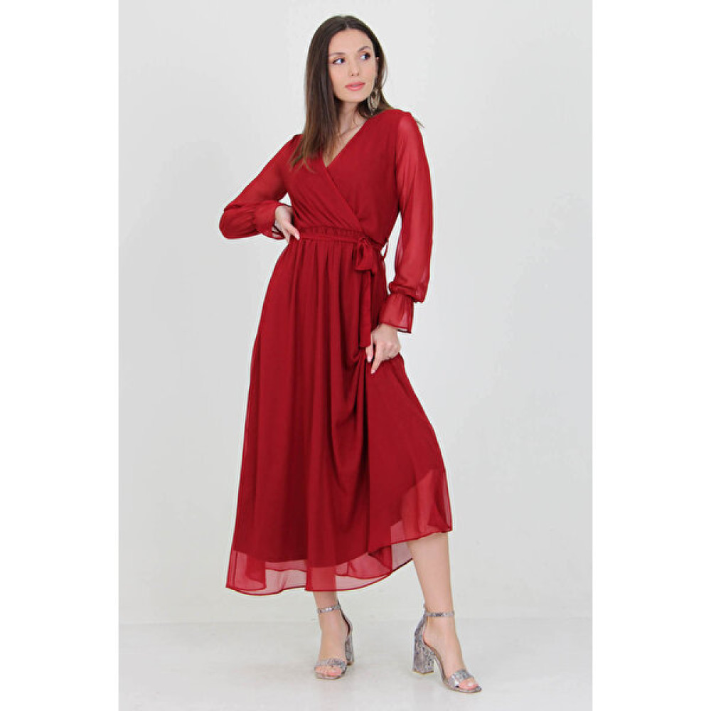 Neşeli Butik Kadın Bordo Yeni Sezon Astarlı Kruvaze Yaka Uzun Şifon Elbise NB003 Elbise Fiyatı