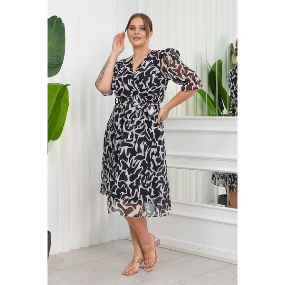 Neşeli Butik Kadın Büyük Beden Desenli Şifon Elbise NB8063 - Siyah Elbise Fiyatı