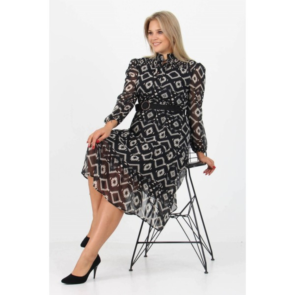 Neşeli Butik Kadın Desenli Midi Boy Büyük Beden Kemerli Şifon Elbise APCX18 Elbise Fiyatı