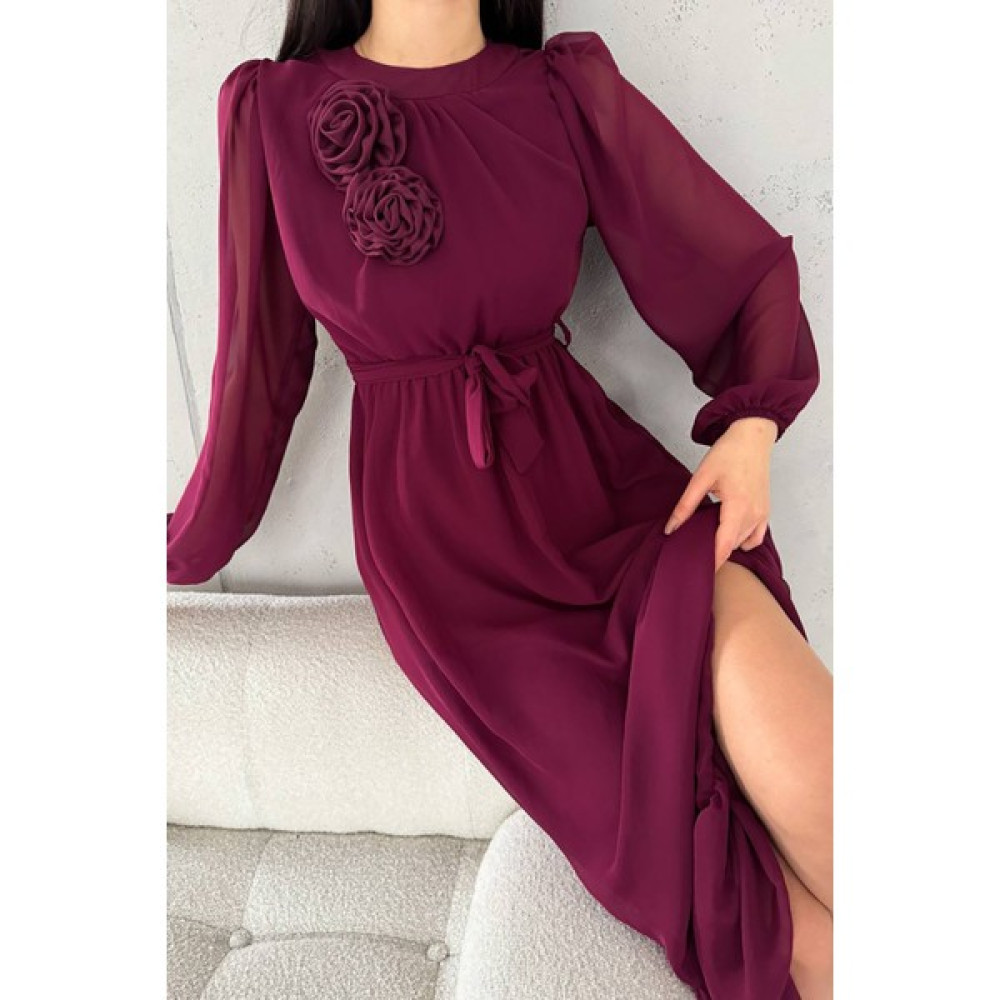 Neşeli Butik Kadın Gül Broş Detaylı Astarlı Şifon Elbise NBKKLF2013 - Bordo Elbise Fiyatı