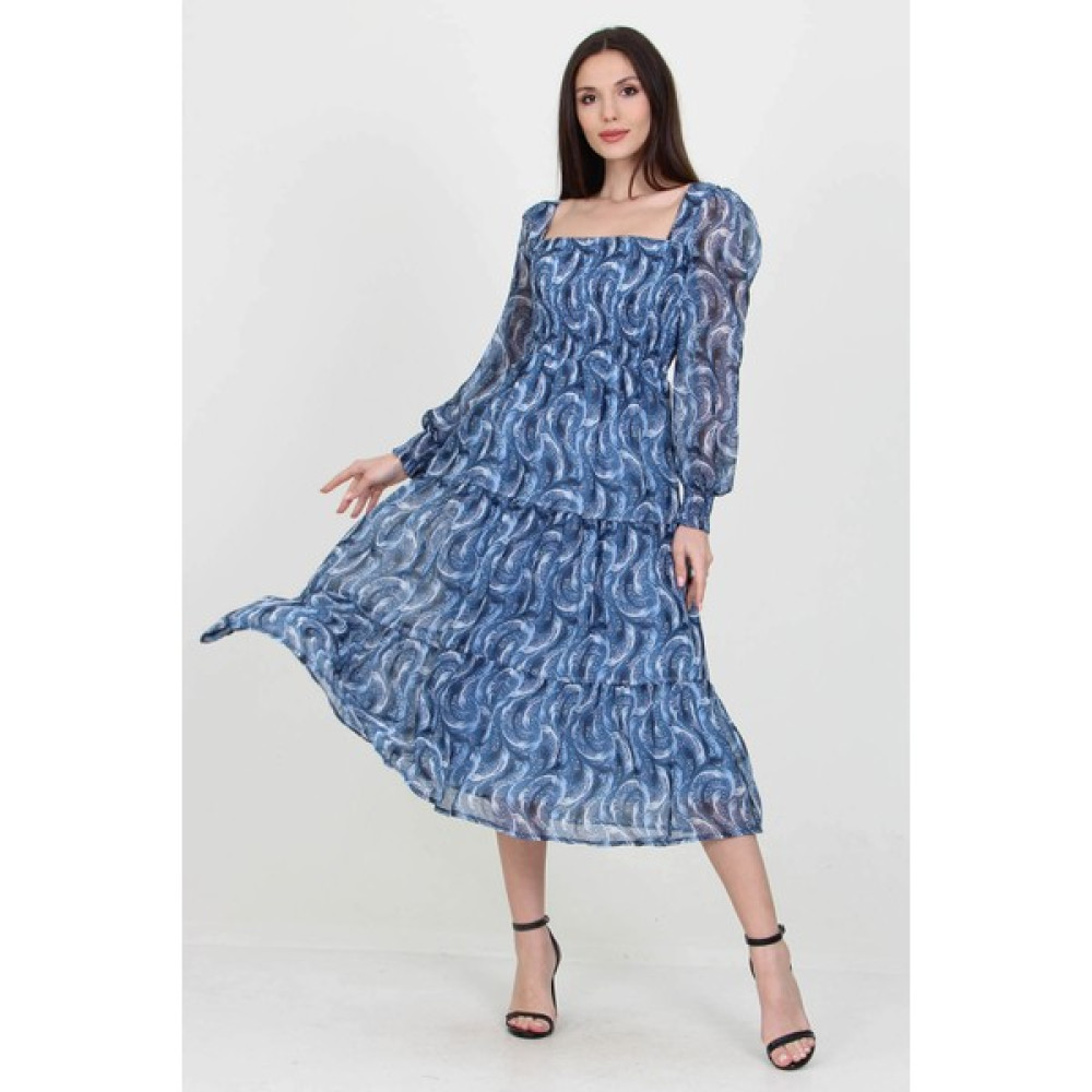 Neşeli Butik Kadın Indigo Desenli Kare Yaka Gipeli Şifon Elbise NB100361 Elbise Fiyatı