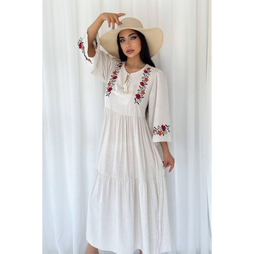 Neşeli Butik Kadın Nakışlı Yeni Sezon Yazlık Keten Elbise KKLF92 Elbise Fiyatı