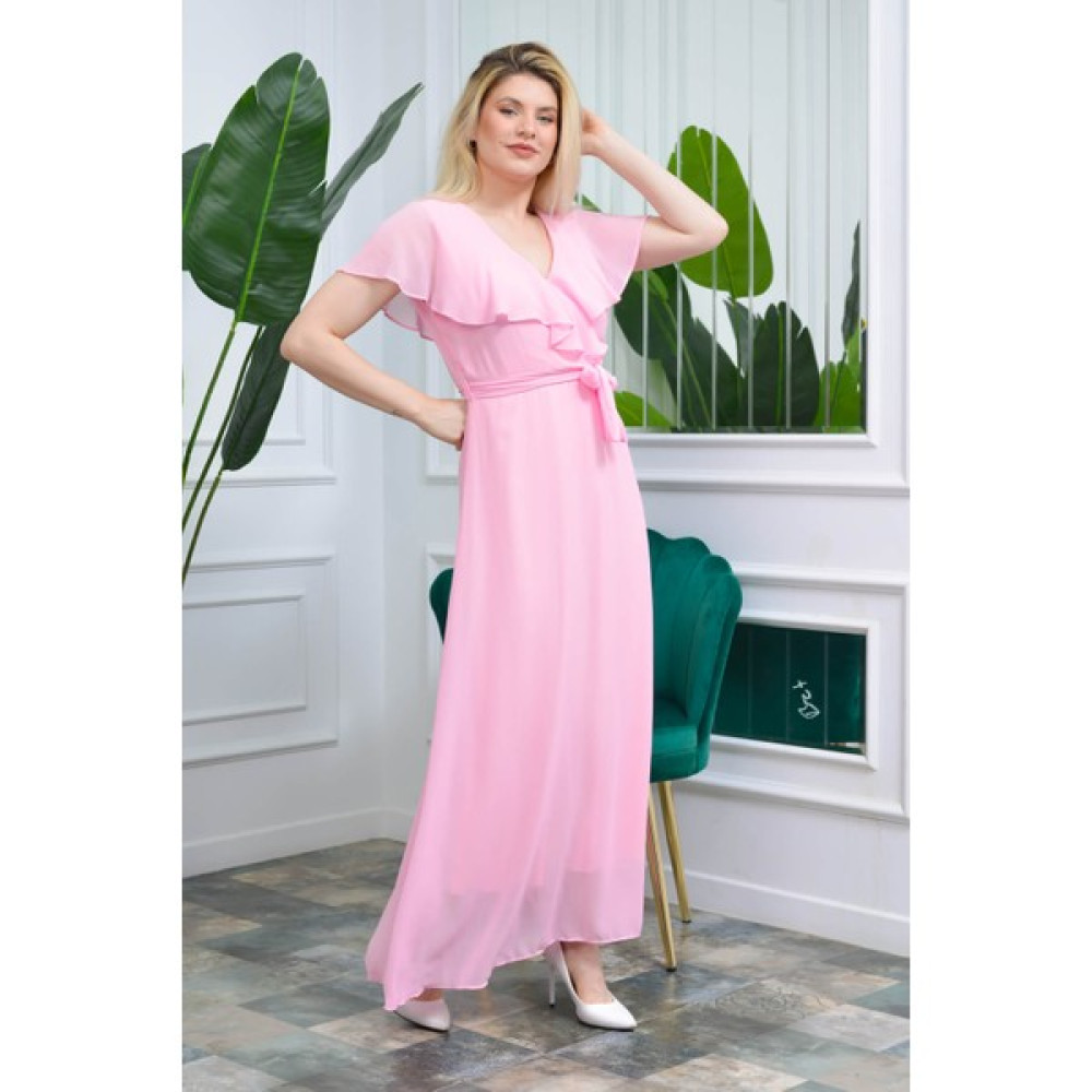 Neşeli Butik Kadın Pudra Kruvaze Yaka Bağlama Detaylı Baby Shower Şifon Elbise NB0001 Elbise Fiyatı