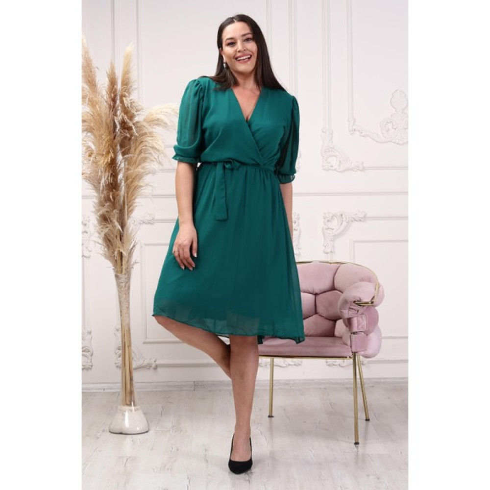 Neşeli Butik Kadın Yeşil Kruvaze Yaka Midi Boy Büyük Beden Şifon Elbise NB8062 Elbise Fiyatı