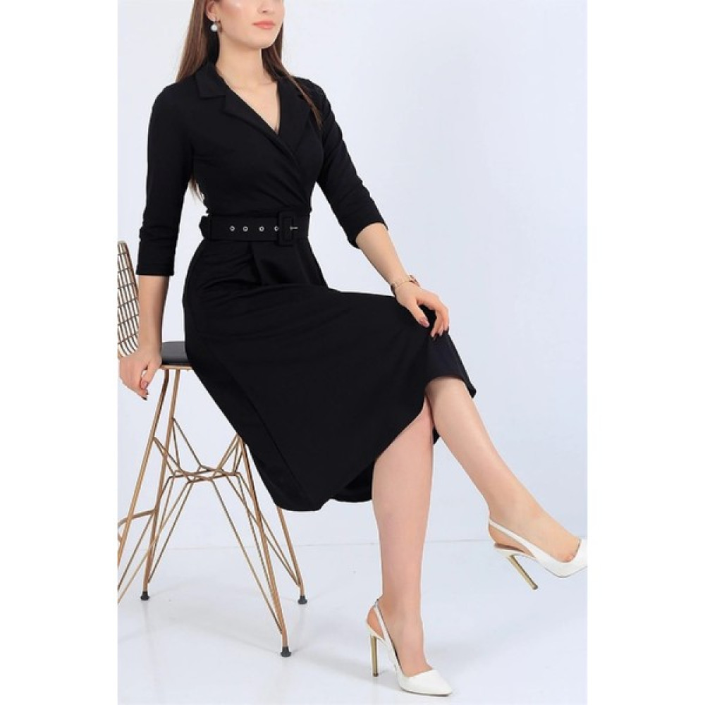 Neşeli Butik Kadını Gömlek Yaka Kemerli Örme Elbise NB0016 Elbise Fiyatı