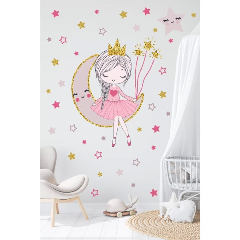 Neşeli Günlerim Ayda Oturan Prenses Kız + Yıldızlar 200 Ad. Duvar Sticker 50X100 cm Diğer Fiyatı
