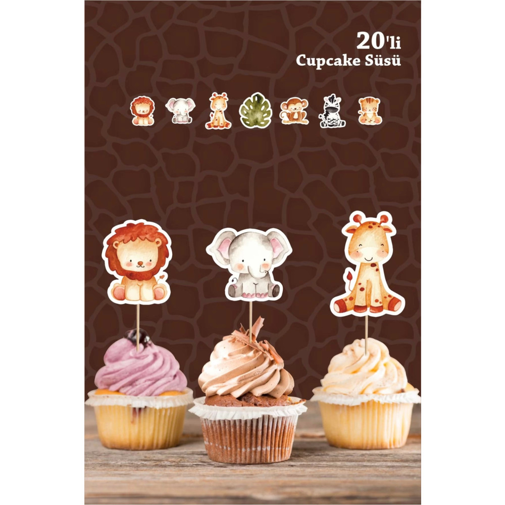 neşeli günlerim Safari Hayvanları Pastel *Kürdanlı Cupcake Süsü *20li Kalın Kağıt Yaş Günü & Parti Fiyatı