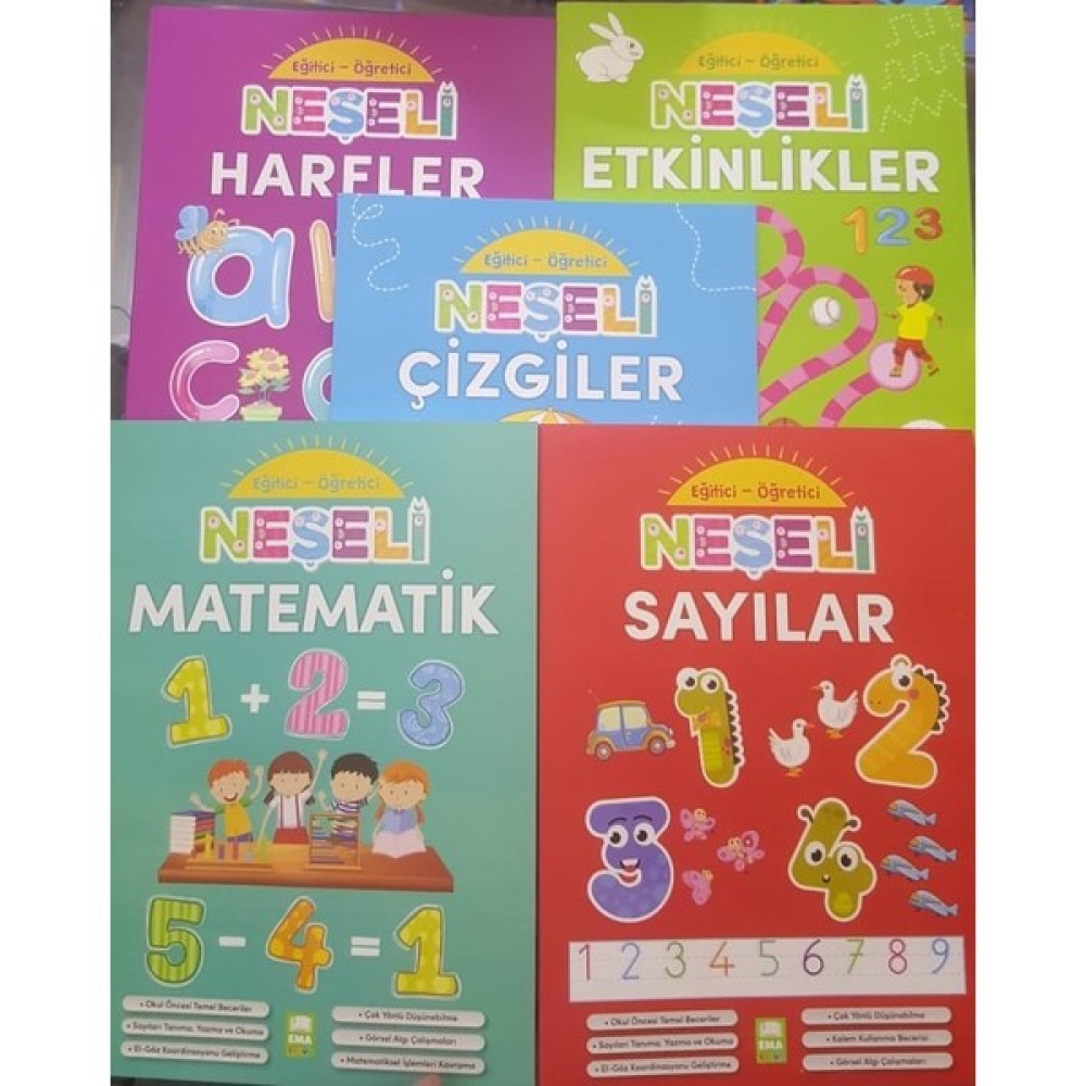 Neşeli Harfler - Matematik - Çizgiler - Etkinlikler - Sayılar Seti 5 Kitap Okul Öncesi Eğitici & Öğretici Kitaplar Fiyatı