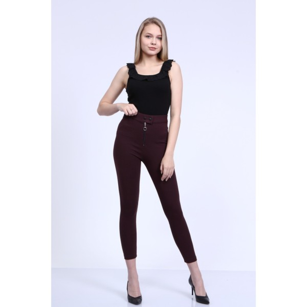 Neslice Kadın Bordo Yüksek Bel Önden Fermuarlı Dar Paça Pantolon Kadın Pantolon Fiyatı