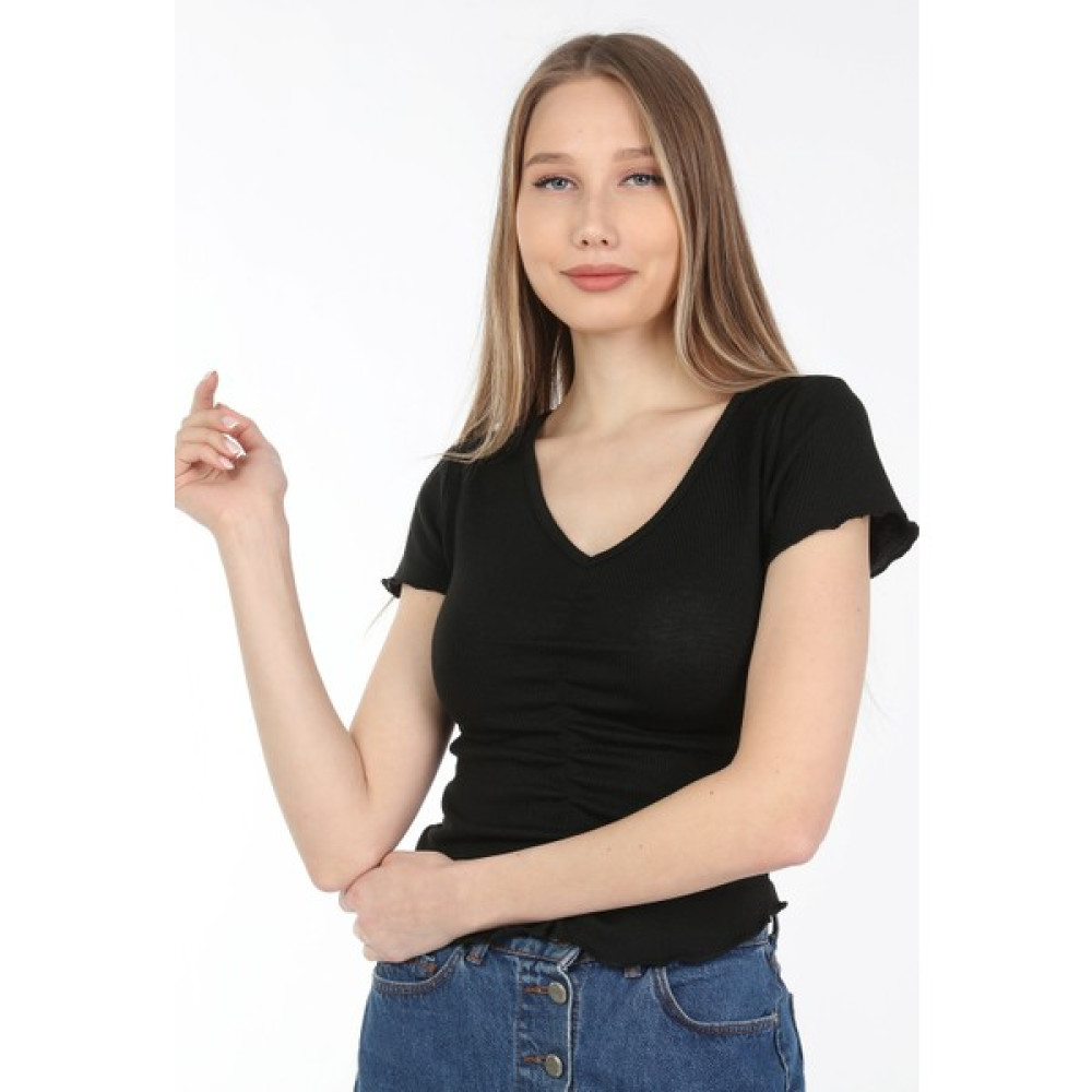 Neslice Kadın Siyah Büzgü Detaylı T-Shirt Bayan T-shirt Fiyatı