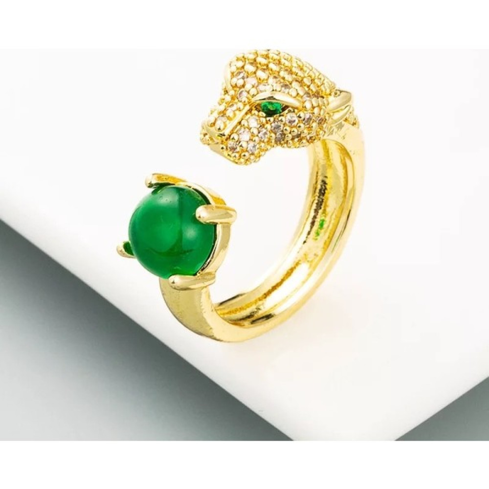 Nesly Accessories Yeşim ve Zirkon Taşlı Leopar Çelik Yüzük - Gold - Standart Bijuteri Yüzük Fiyatı