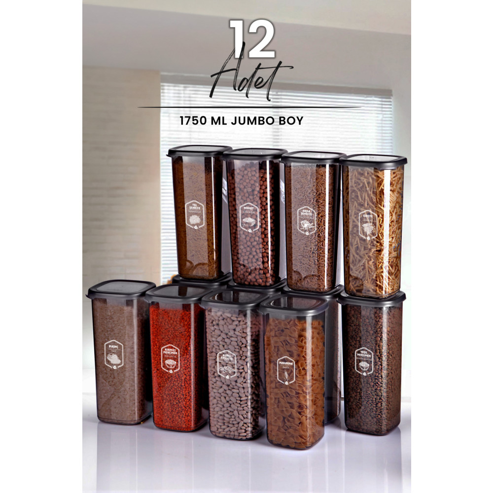 NESS HOME 12li Jumbo Boy Etiketli Square Kare Erzak Saklama Kabı Seti 1750 ml - Sert Kapak Büyük Kavanoz Saklama Kapları Fiyatı