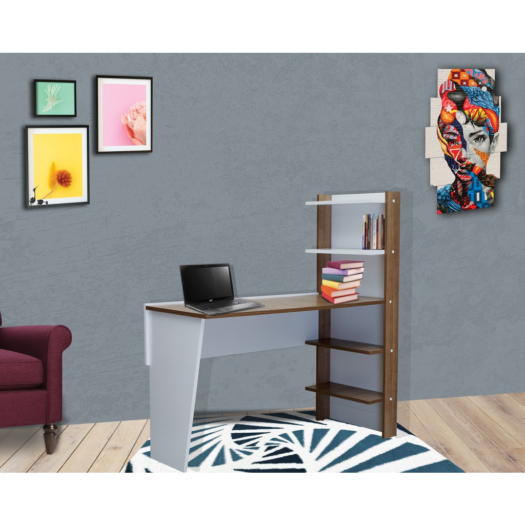 Nesse Shop Raflı Çalışma ve Bilgisayar Masası Yenilikçi Tasarım - Y: 130 cm D: 50 cm G: 120 cm - Beyaz - Ceviz Bilgisayar Masası Fiyatı