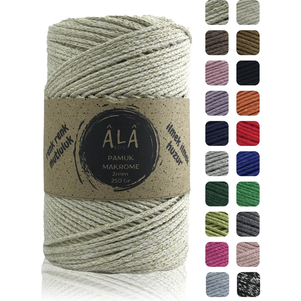 Nessi World Pamuk Makrome Ipi 2mm Cotton Zincir Makrome Çanta Ipi Supla Ipi Koton Ip 250 Gram Ekru Simli (Gold) Diğer Fiyatı