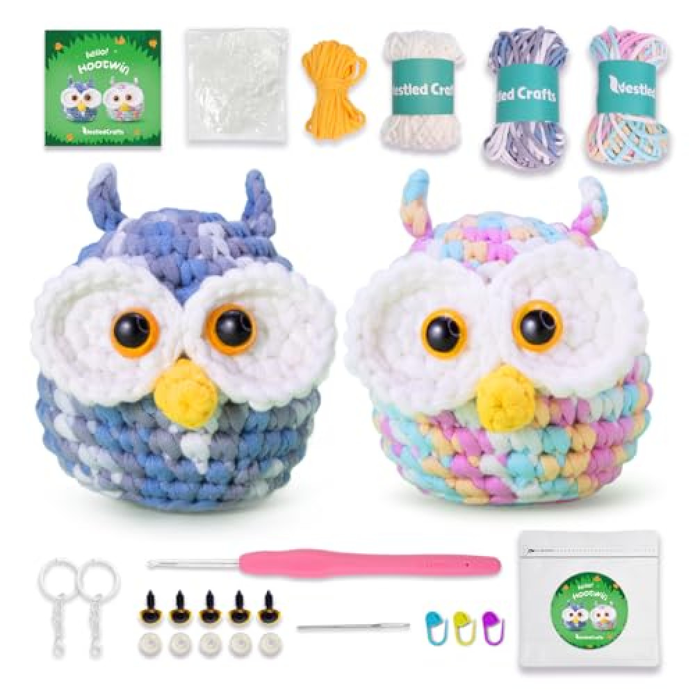 NestledCrafts Crochet Kit for Beginners, Amigurumi Crochet Animal Kit Included, Step-by-Step Video Tutorials, Beginner Crochet Kit for Adults/Kids - 2 Owl