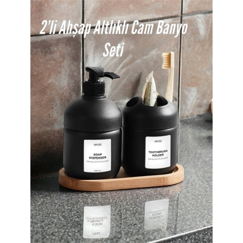 Nesto Home 2'li Set Ahşap Altlıklı Cam Cool Sabun ve Diş Fırçalık - Banyo Seti - Siyah Sabunluk Fiyatı