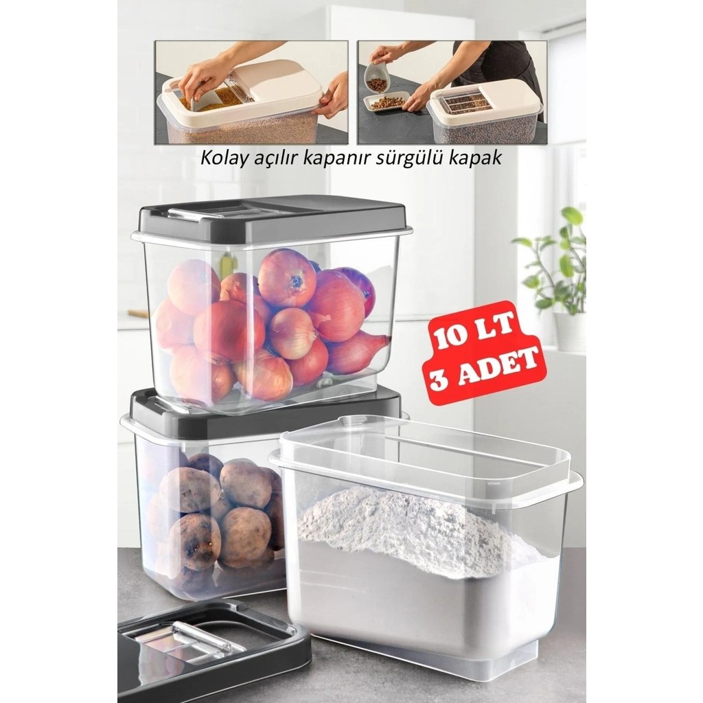 Nesto Home 3'Lü Çok Amaçlı 10 Lt Sürgülü Kapaklı Erzak & Bakliyat Saklama Kabı Eşya Saklama / Düzenleme Fiyatı