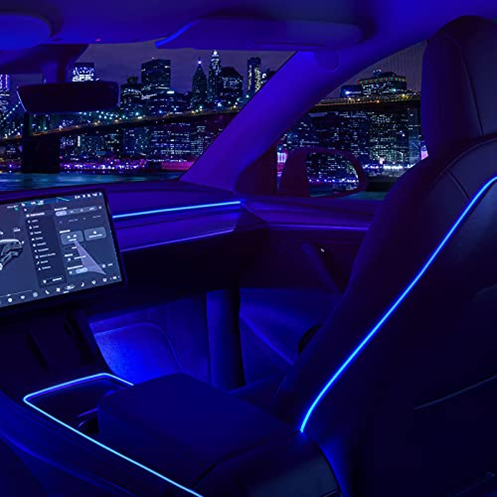 Nestour 2021 2022 2023 Tesla Model 3 Y Interior Car Neon Lights (Center Console+Dashboard+Seat+4 Foot Lights) with Matching Armrest Organizer, Ambient APP-Controlled RGB LED Strip Lights