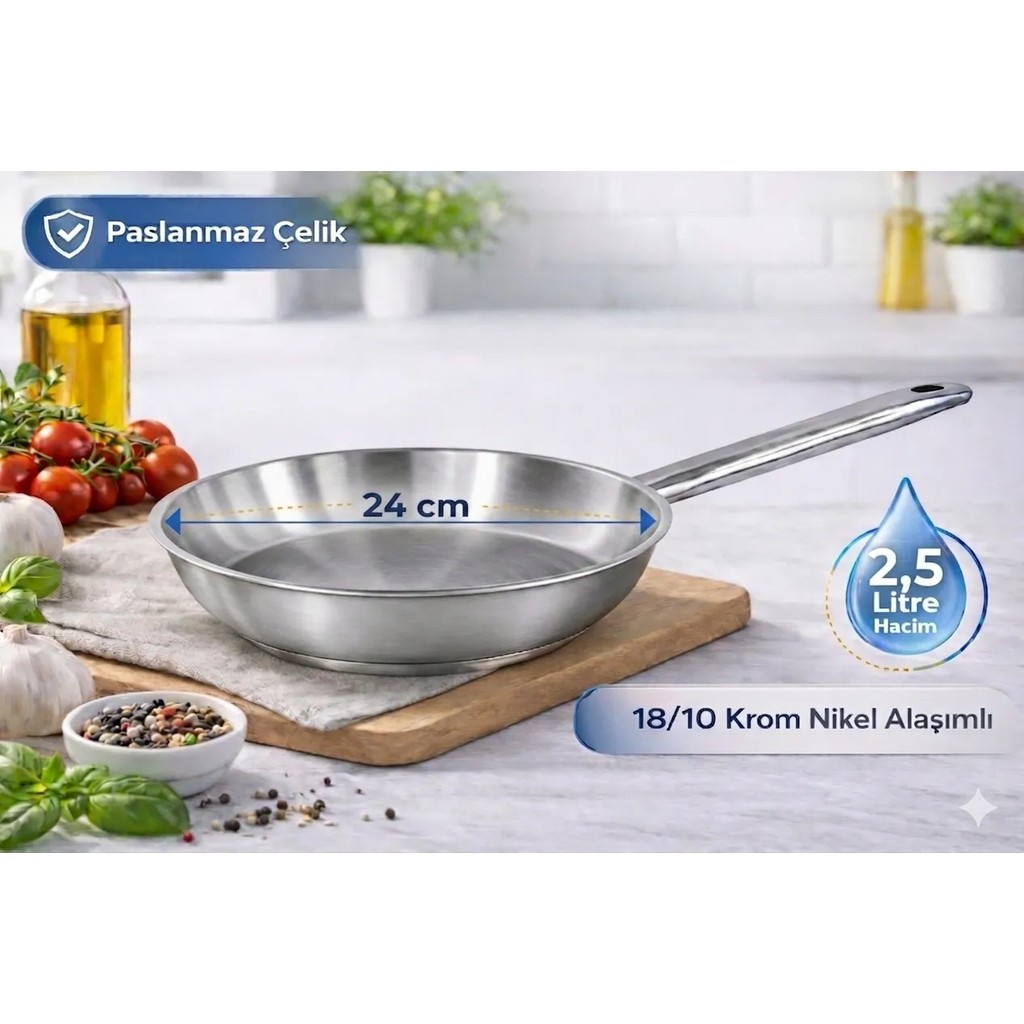 Net Çelik Tek Saplı Çelik Tava 24 cm - Inox Diğer Fiyatı