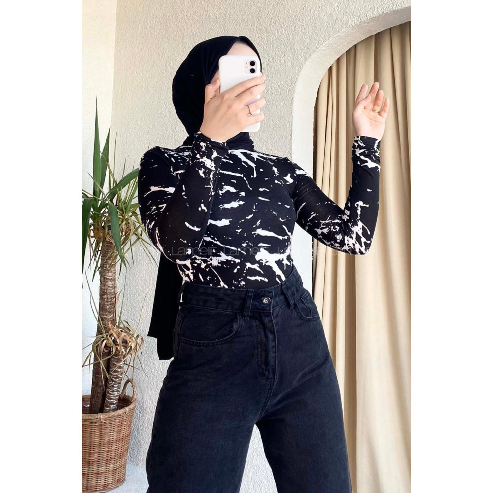 NETCLASS Yarım Balıkçı Yaka Soyut Desenli Body Siyah M Beden Tesettür Giyim Fiyatı