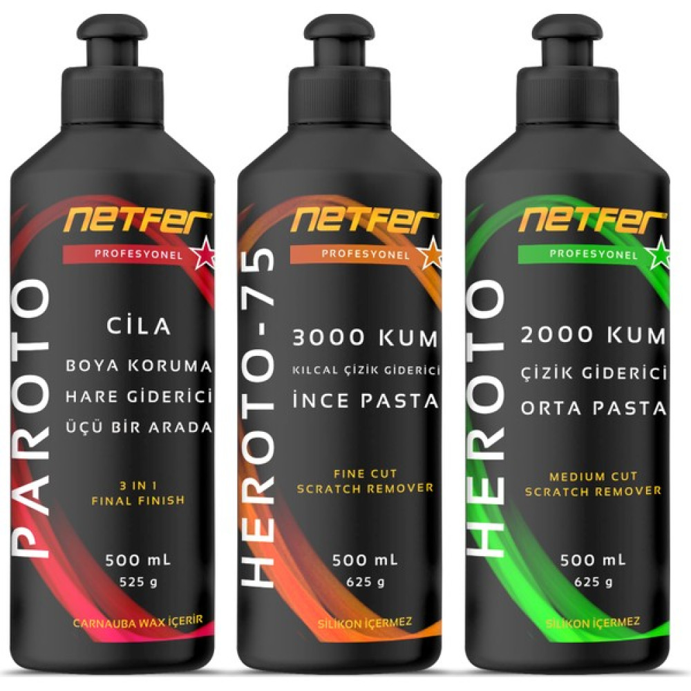 Netfer 3'lü İnce Orta Pasta Cila Set - 3x500 mL Oto Çizik Giderici Fiyatı