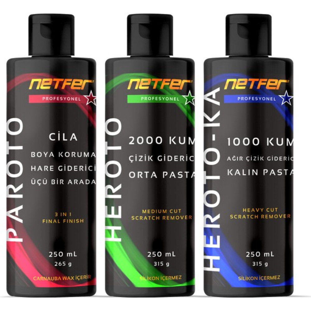 Netfer 3'lü Orta Kalın Pasta Cila Set - 3x250 mL Oto Çizik Giderici Fiyatı