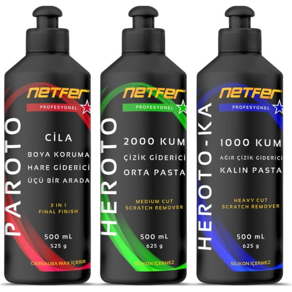 Netfer 3'lü Orta Kalın Pasta Cila Set - 3x500 mL Oto Çizik Giderici Fiyatı