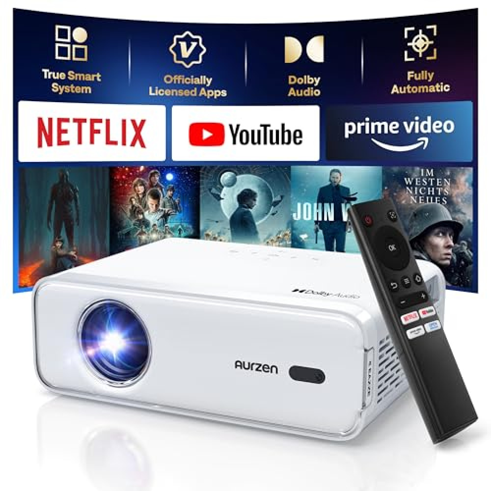 [NetfIix Officially & DoIby Audio] Aurzen Eazze D1 4K Supported Smart Projector with Auto Focus & Auto Keystone, 50% Zoom, HDR 10, 60Hz Portable Projector for iOS/Android/USB/TV Stick,White