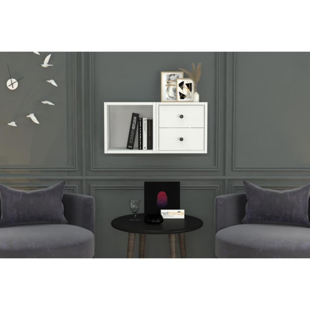 Nettrends Kitaplikli Çekmeceli Duvar Rafi Beyaz 70 cm DVR-1012-Ç Tv Ünitesi / Sehpası Fiyatı