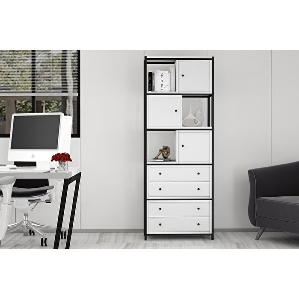 Nettrends Raflı Beş Katlı Dolaplı Dört Çekmeceli Metal Kitaplık Beyaz 69 cm MTL-KTP-1009-B Kitaplık Fiyatı
