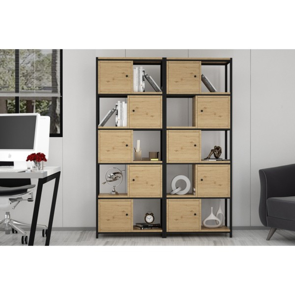 Nettrends Raflı Beş Katlı Dolaplı Metal Kitaplık Meşe 138 cm MTL-KTP-1097-M - Kahverengi Kitaplık Fiyatı