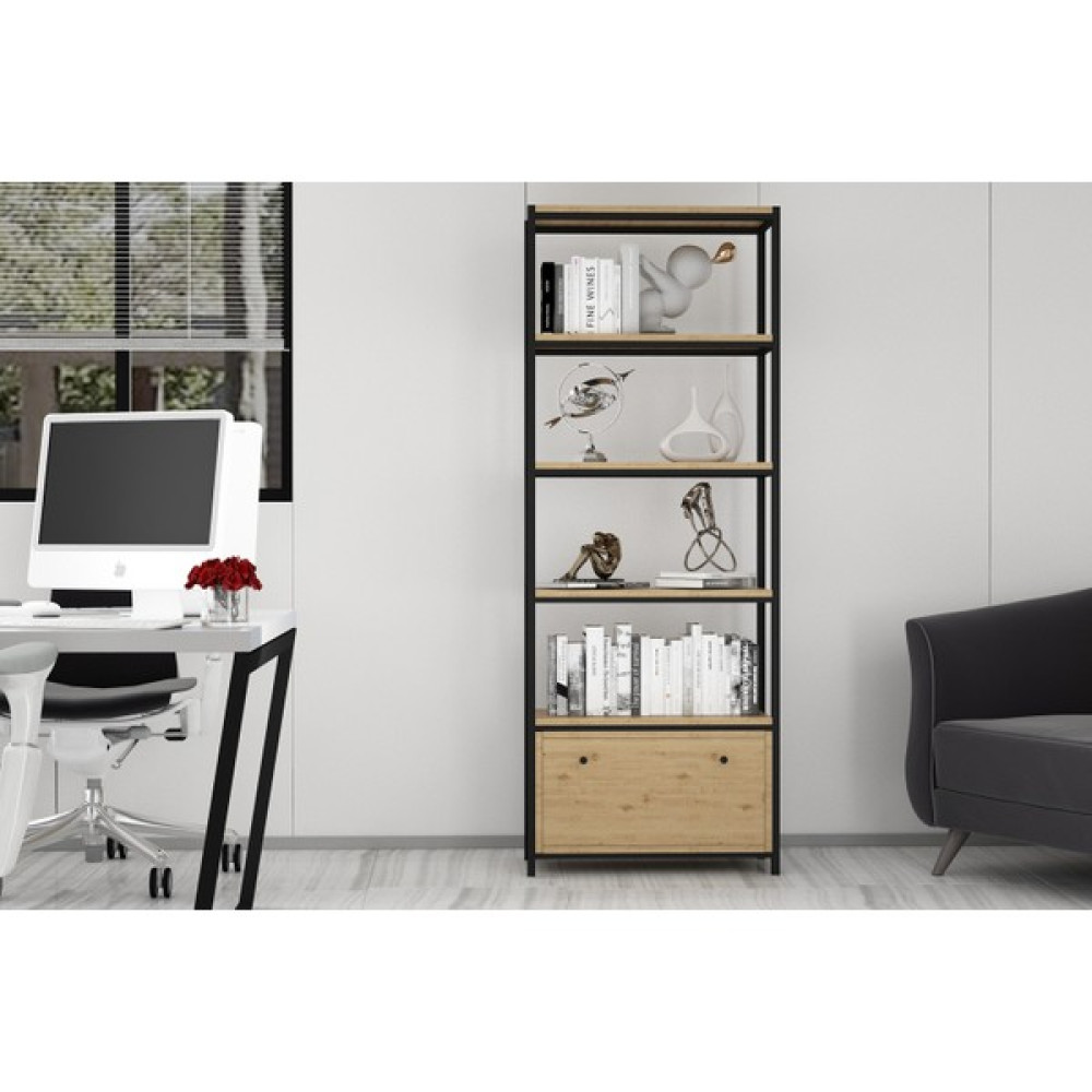 Nettrends Raflı Beş Katlı Düşer Kapaklı Metal Kitaplık Meşe 69 cm MTL-KTP-1010-M - Kahverengi Kitaplık Fiyatı