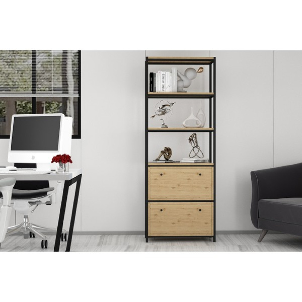 Nettrends Raflı Beş Katlı Düşer Kapaklı Metal Kitaplık Meşe 69 cm MTL-KTP-1012-M - Kahverengi Kitaplık Fiyatı
