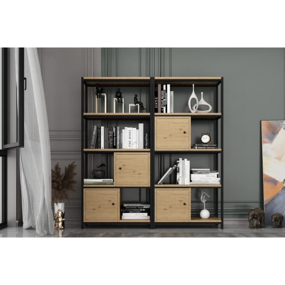 Nettrends Raflı Dört Katlı Dolaplı Metal Kitaplık Meşe 138 cm MTL-KTP-1087-M - Kahverengi Kitaplık Fiyatı