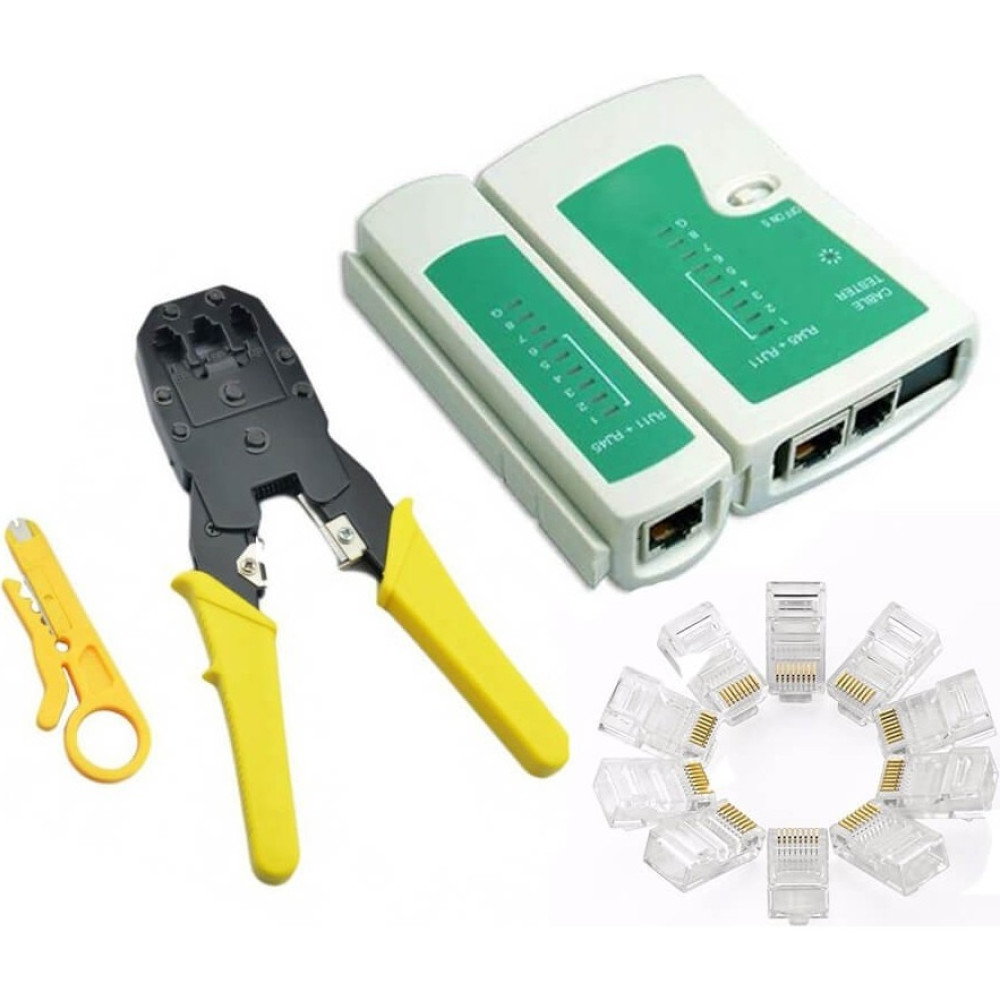 Network Seti - RJ45 RJ11 Pense - Cat5/6 RJ45 - RJ11 Adsl Test Cihazı - 100 Adet RJ45 Konnektör - Sarı Network Aksesuarları Fiyatı