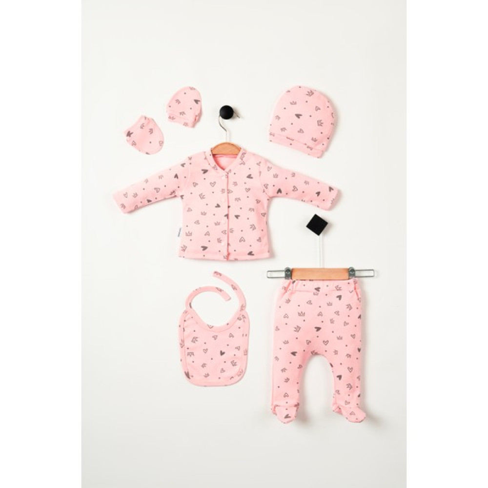 NEU KIDS Hastane Çıkışı Penye 5'li Set Yeni Doğan Sevimli Baskılı Pembe ve Beyaz - Hediye Paketli Bebek Hastane Çıkışı Fiyatı