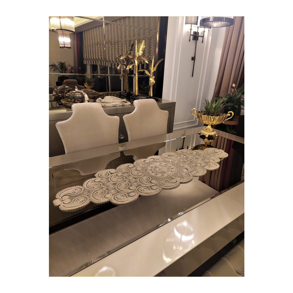 NeuBella Home Damla Lüks Runner Salon Oda Sehpa Masa Örtüsü Fransız Güpürlü Çeyizlik Kapiçino 40 x 130 Beden Masa Örtüsü Fiyatı