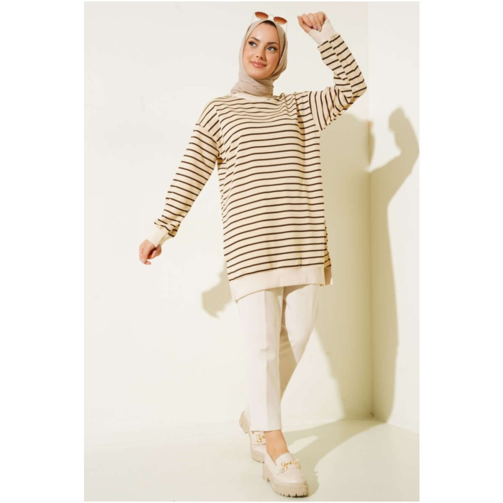 Neva İki iplikli tesettür tunik çizgili sweatshirt M Beden Tesettür Giyim Fiyatı