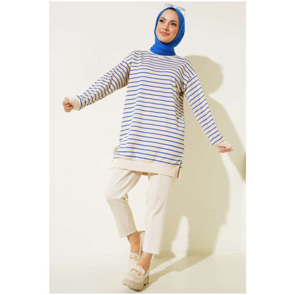 Neva İki iplikli tesettür tunik çizgili sweatshirt S-M Beden Tesettür Giyim Fiyatı