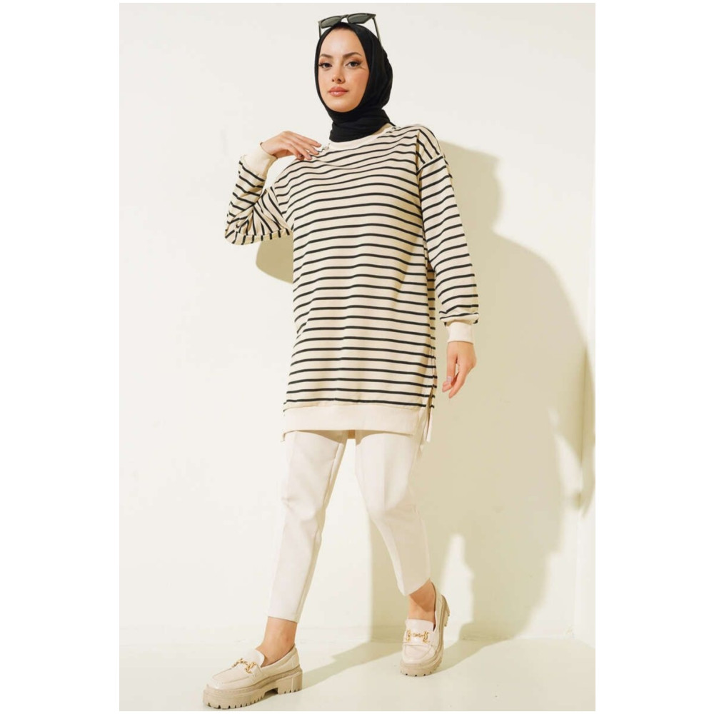 Neva İki iplikli tesettür tunik çizgili sweatshirt XL Beden Tesettür Giyim Fiyatı