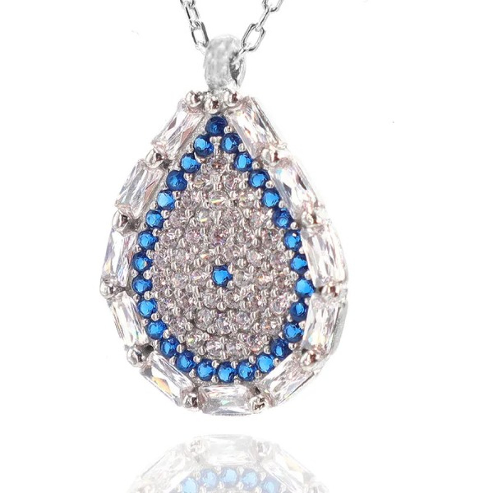 Neva Jewelry 925 Ayar Baget Zirkon Taşlı Nazar Boncuklu Gümüş Kolye - Silver - 45cm Gümüş Kolye Fiyatı