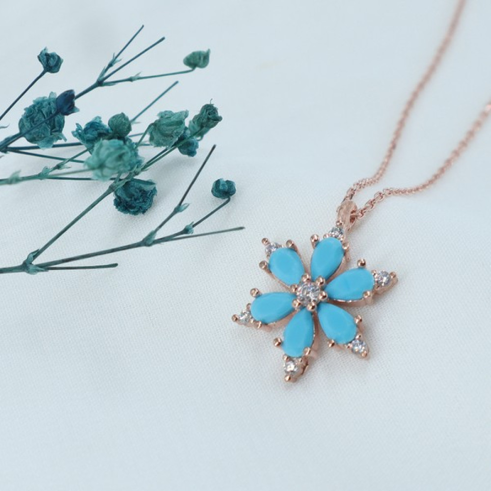 Neva Jewelry 925 Ayar Favori Firuze Taşlı Lotus Çiçeği Modelli Gümüş Kolye - Rose Gold - 45 cm Gümüş Kolye Fiyatı