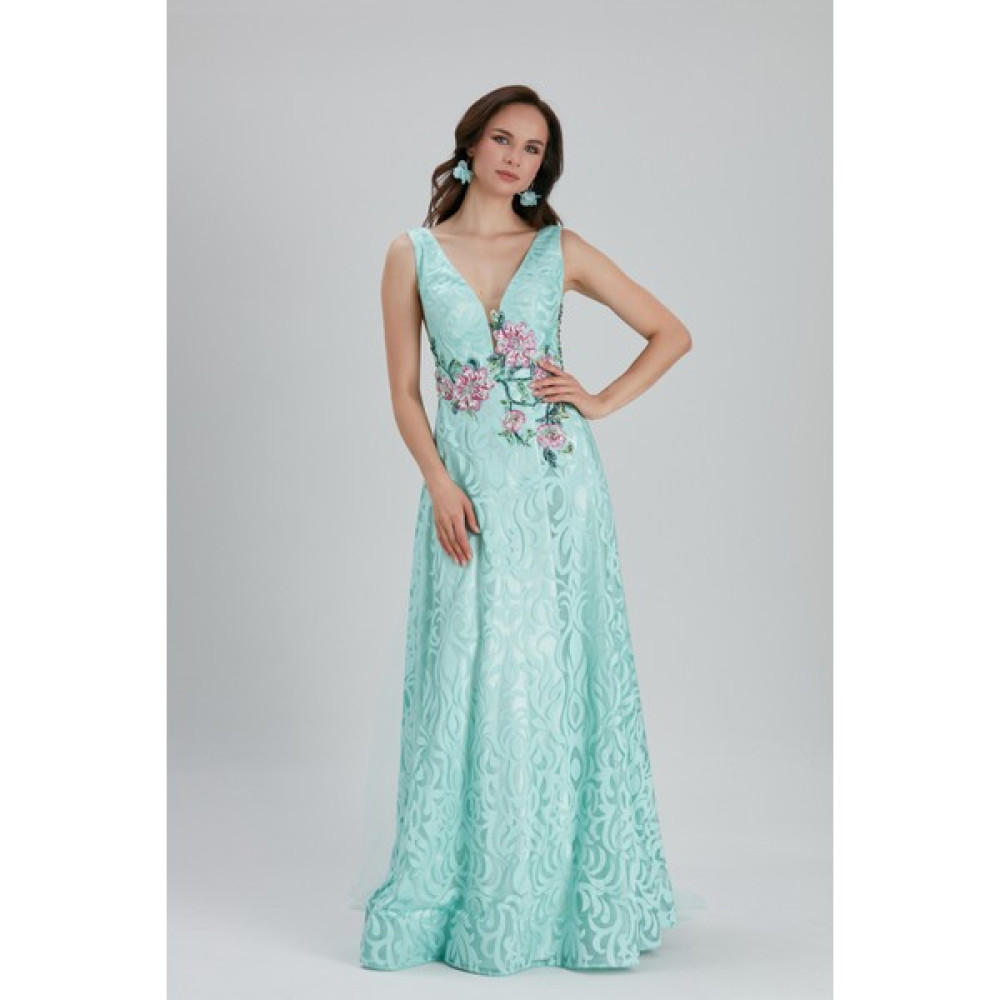 Neva Style Abiye Elbise Çiçek Detaylı Mint Abiye Elbise 7626MINT Elbise Fiyatı