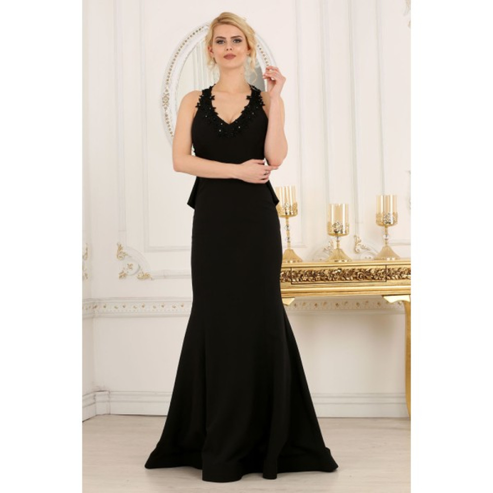 Neva Style Abiye Elbise Çiçek Detaylı Siyah Abiye Elbise 6419S Elbise Fiyatı