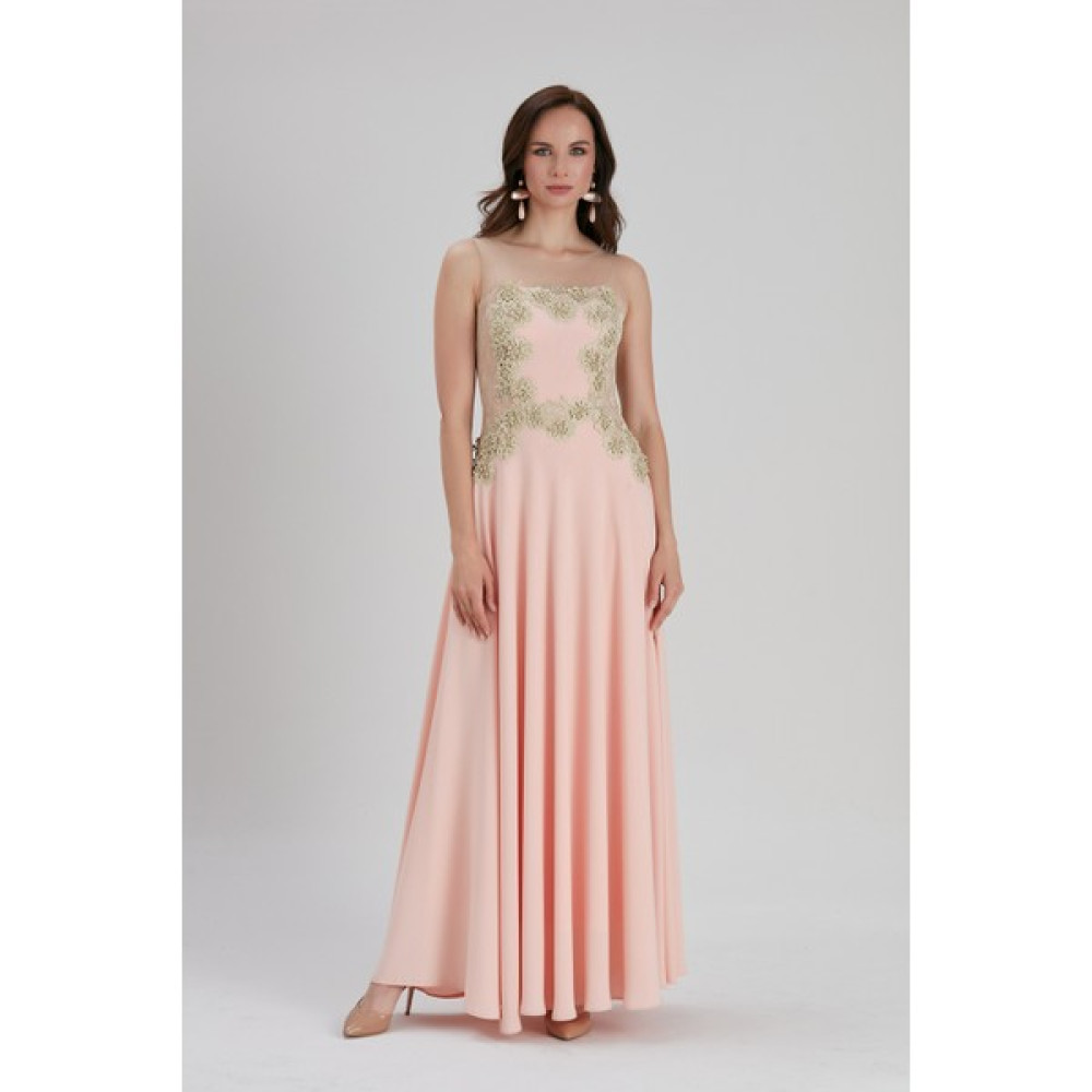Neva Style Abiye Elbise Çiçek Detaylı Somon Abiye Elbise 7029SMN Elbise Fiyatı