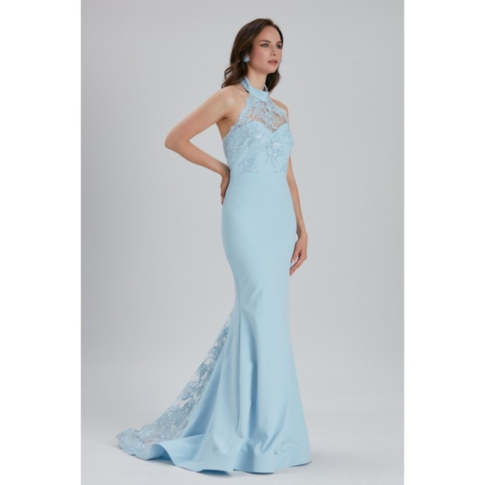 Neva Style Abiye Elbise Dantel Detaylı Bebek Mavisi Abiye Elbise 7385BM Elbise Fiyatı