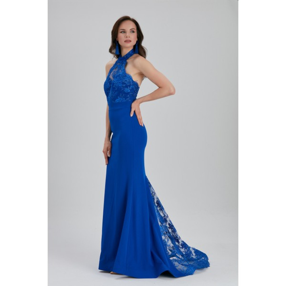 Neva Style Abiye Elbise Dantel Detaylı Sax Mavisi Abiye Elbise 7385SX Elbise Fiyatı